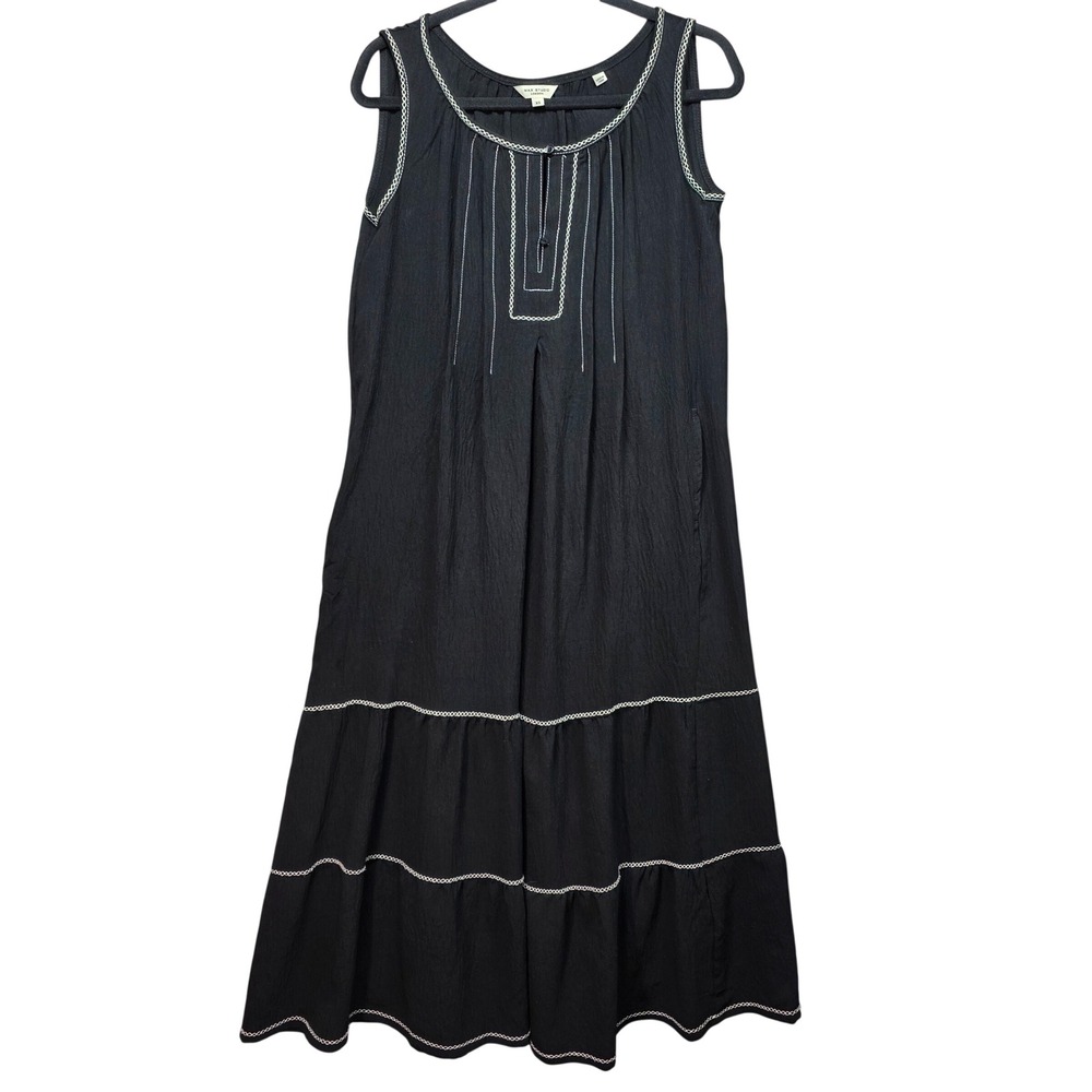 Max Studio Womens Black Tiered Maxi Dress Sleeveless Embroidered Pockets Sz XS